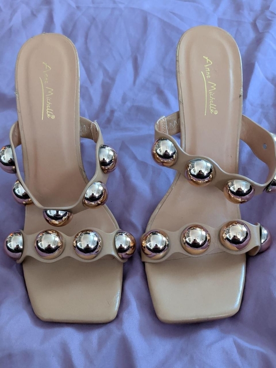 Miss Lola Shoes - Miss Lola Nude Slide Mules with Rose Gold Studs